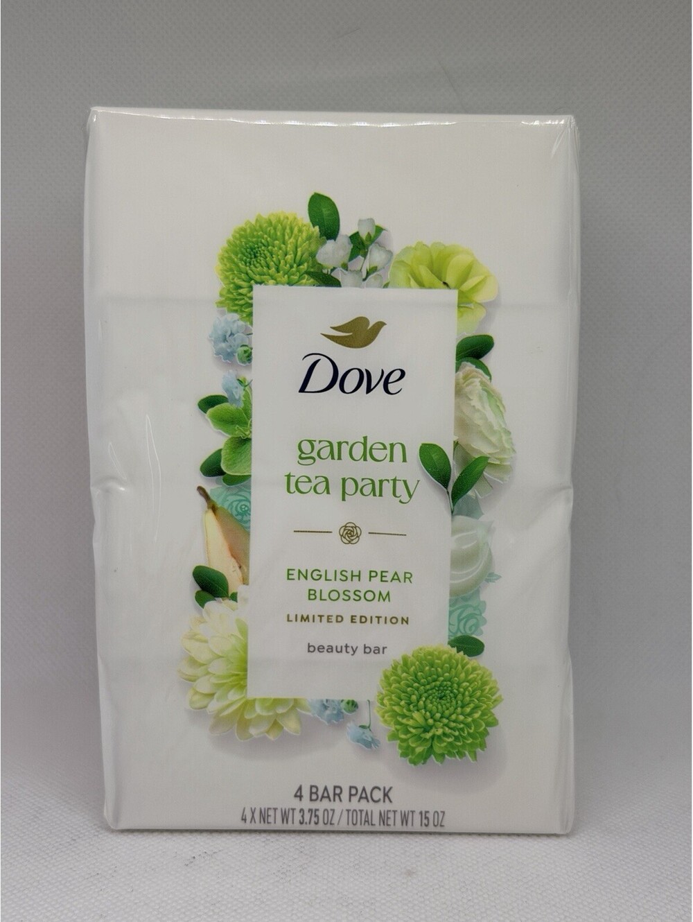 Dove Garden Tea Party ENGLISH PEAR BLOSSOM Bar Soap Limited Edition 4 Bar Pack